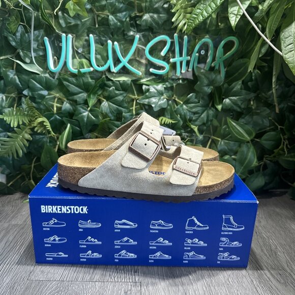 BIRKENSTOCK Arizona Suede Soft Footbed Narrow Sandals Taupe New 37 L 6